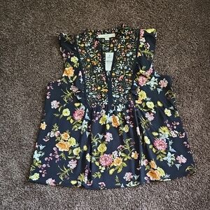 NEW Ann Taylor Loft Navy Blue Floral Flutter Sleeveless Top M